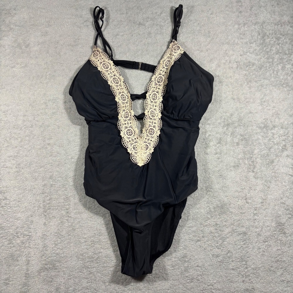 Funnygirl One Piece Swimsuit Women XXL Black Crochet Lace Trim Deep V Ruched